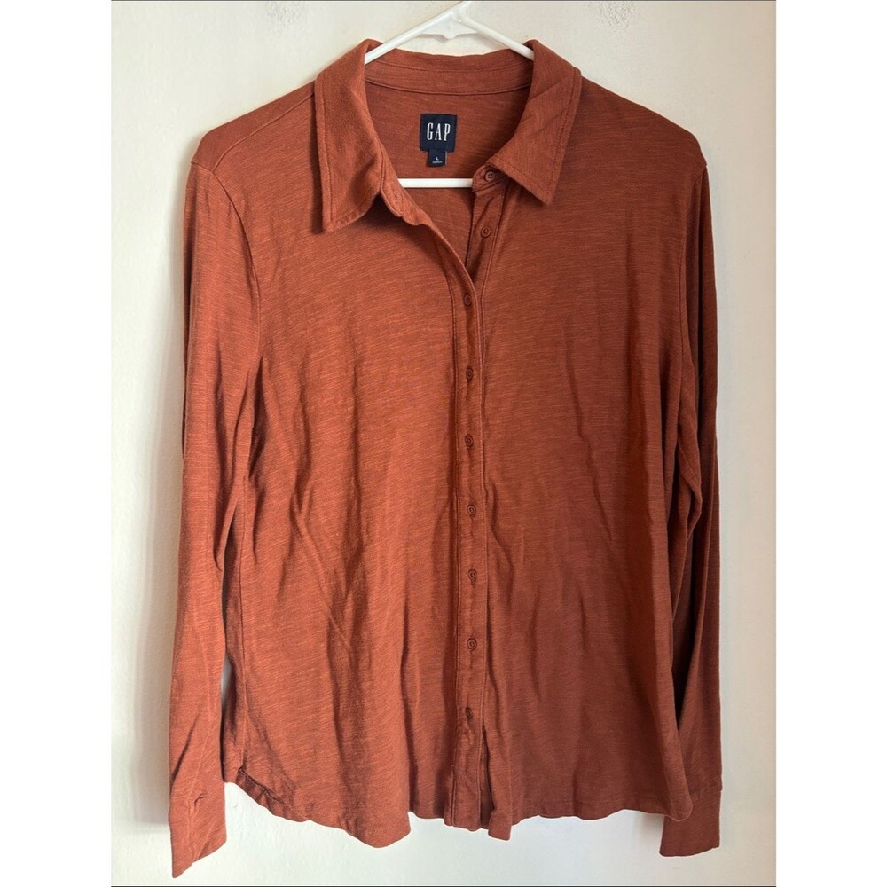 GAP women Rust Orange Long Sleeve soft cotton Button-Up Shirt large Classic EUC